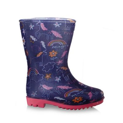 bluezoo Girls' navy unicorn print wellington boots